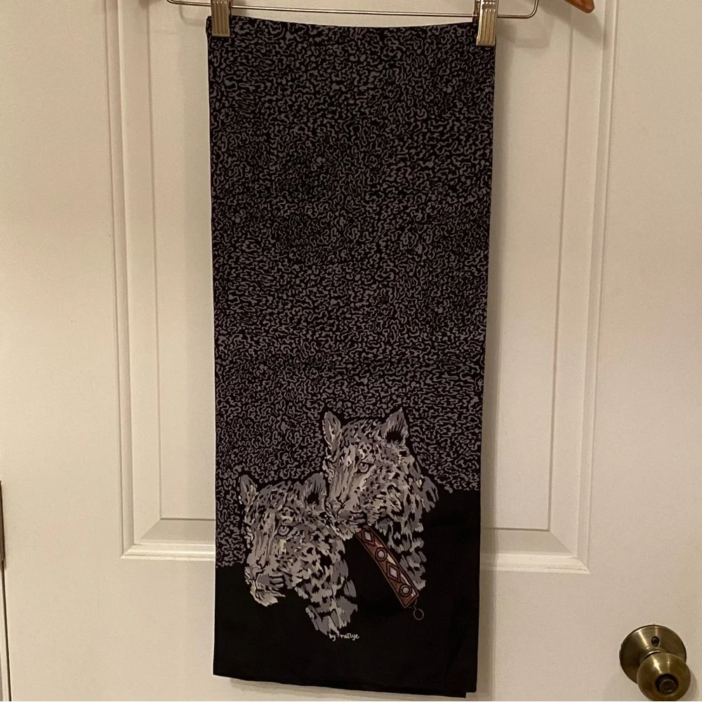 SCARF ACCESSORY BLACK GRAY LEOPARD CAT PRINT LONG RECTANGLE